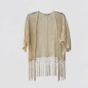 Maurices Cream Crochet Lace‎ Kimono Cardigan Open Front Fringe Sz S Boho Earthy